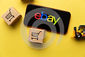 Tula, Russia - January 26, 2021: Ebay logo on iPhone display