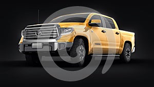 Tula, Russia. June 6, 2021: Toyota Tundra 2020 full size pickup yellow truck isolated on black background. 3d rendering.