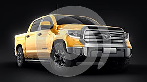 Tula, Russia. June 6, 2021: Toyota Tundra 2020 full size pickup yellow truck isolated on black background. 3d rendering.