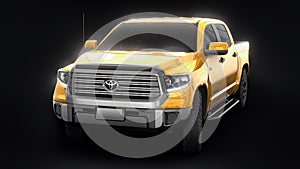 Tula, Russia. June 6, 2021: Toyota Tundra 2020 full size pickup yellow truck isolated on black background. 3d rendering.