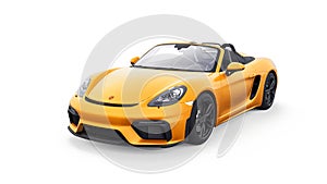 Tula, Russia. March 26, 2021: Porsche 718 Spider 2017 yellow sports car cabrio isolated on white background. 3d