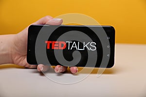 Tula, Russia - May 12 , 2019: Ted Talks on phone display.