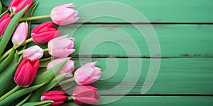 Tulip border with copy space. Beautiful frame composition of spring flowers. generative ai. Bouquet of pink tulips flowers on