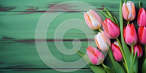 Tulip border with copy space. Beautiful frame composition of spring flowers. generative ai. Bouquet of pink tulips flowers on