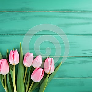 Tulip border with copy space. Beautiful frame composition of spring flowers. generative ai. Bouquet of pink tulips flowers on