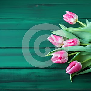 Tulip border with copy space. Beautiful frame composition of spring flowers. generative ai. Bouquet of pink tulips flowers on