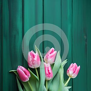Tulip border with copy space. Beautiful frame composition of spring flowers. generative ai. Bouquet of pink tulips flowers on