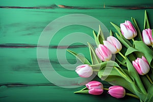 Tulip border with copy space. Beautiful frame composition of spring flowers. generative ai. Bouquet of pink tulips flowers on