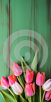 Tulip border with copy space. Beautiful frame composition of spring flowers. generative ai. Bouquet of pink tulips flowers on