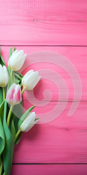 Tulip border with copy space. Beautiful frame composition of spring flowers. generative ai. Bouquet of pink tulips flowers on pink