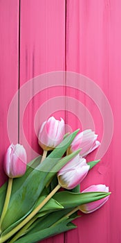 Tulip border with copy space. Beautiful frame composition of spring flowers. generative ai. Bouquet of pink tulips flowers on pink