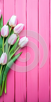 Tulip border with copy space. Beautiful frame composition of spring flowers. generative ai. Bouquet of pink tulips flowers on pink