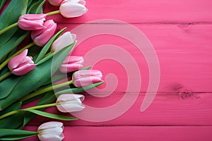 Tulip border with copy space. Beautiful frame composition of spring flowers. generative ai. Bouquet of pink tulips flowers on pink