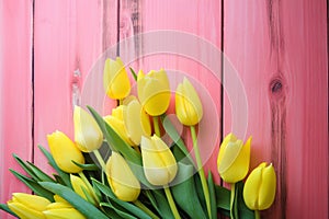 Tulip border with copy space. Bouquet of yellow tulips flowers on pink vintage wooden background. generative ai. Beautiful frame