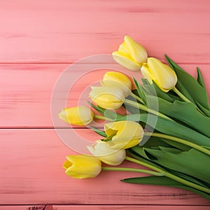 Tulip border with copy space. Bouquet of yellow tulips flowers on pink vintage wooden background. generative ai. Beautiful frame