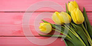 Tulip border with copy space. Bouquet of yellow tulips flowers on pink vintage wooden background. generative ai. Beautiful frame