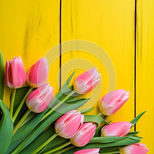 Tulip border with copy space. generative ai. Bouquet of yellow tulips flowers on pink vintage wooden background. generative ai.