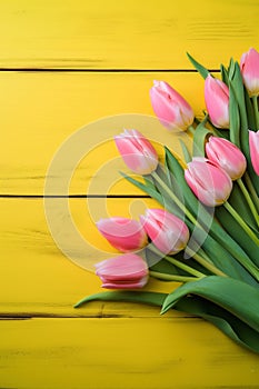 Tulip border with copy space. generative ai. Bouquet of yellow tulips flowers on pink vintage wooden background. generative ai.