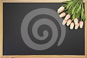 Tulip bouquet placed on the blackboard frame