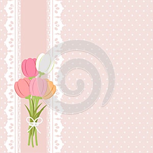 Tulip bouquet on polka dot background vintage style.