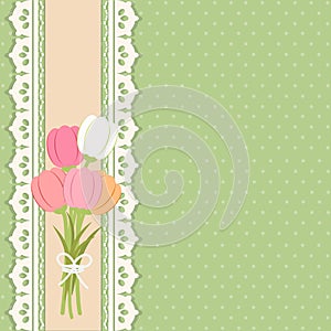 Tulip bouquet on polka dot background vintage style.