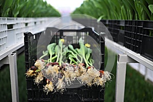 tulip bulbs in close-up on the background of a greenhouse with flowers.