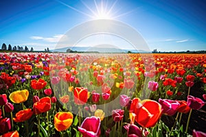 tulip field in full bloom, with rows of flowers and bright sunsh