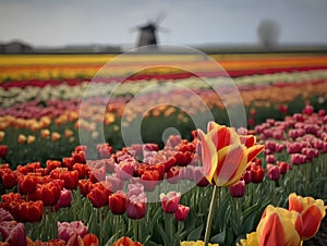 Tulip field in Holland with windmill in the background.