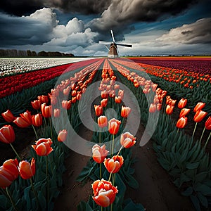Tulip field with a windmill in the background. Holland