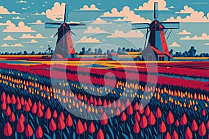 Tulip fields in Holland, tulips and windmills, Holland country