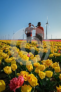 Tulip fields in the Netherlands, couple men and woman in flower field during Spring in the Nethertlands