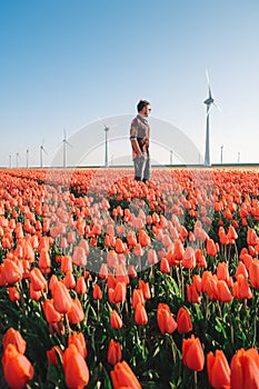 Tulip fields in the Netherlands, men in flower field during Spring in the Nethertlands