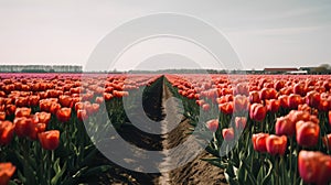 Tulip fields in the Netherlands. Spring landscape with red tulips.