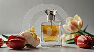 a tulip flower and beautiful glass for womens perfume bottle on plain white ai generated