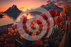 Tulip flower field on beautiful sunset landscape, illustration generated by AI