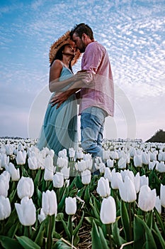 Tulip flower field during sunset dusk in the Netherlands Noordoostpolder Europe, happy young couple men and woman with