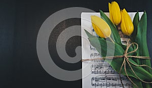 Tulip flower on a sheet of old musical notes on the dlack background