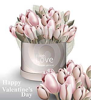 Tulip flowers bouquet box Vector realistic. Valentine day card romantic. delivery flowers