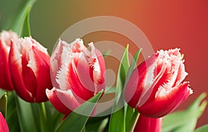 Tulip flowers bunch. Blooming red tulips flower on colourful background, closeup