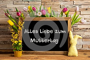 Tulip Flowers, Bunny, Brick Wall, Blackboard, Muttertag Means Happy Mothers Day photo