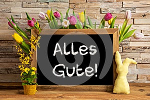 Tulip Flowers, Bunny, Brick Wall, Blackboard, Text Alles Gute Means Best Wishes