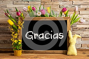 Tulip Flowers, Bunny, Brick Wall, Blackboard, Text Gracias Means Thank You