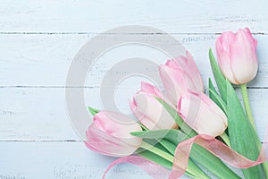 Tulip flowers decorated ribbon on blue table for Womans or Mothers day. Beautiful spring card. Top view.