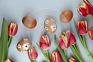 Tulip flowers and easter eggs