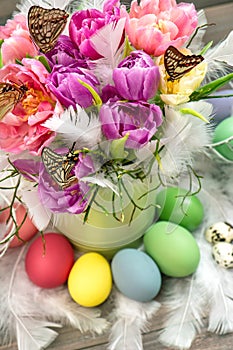 Tulip flowers Easter eggs Spring blossoms Vintage decoration