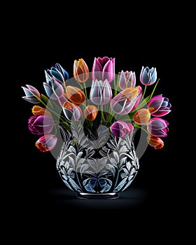 Tulip flowers in an Intricate vase on black background, AI-Generated