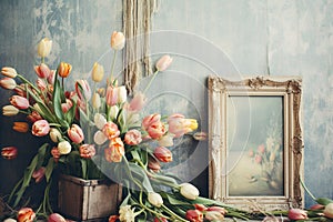 Tulip flowers and picture frames bohemian background. Generative AI