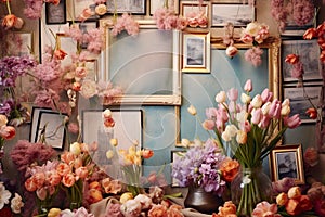 Tulip flowers and picture frames bohemian background. Generative AI