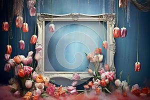 Tulip flowers and picture frames bohemian background. Generative AI