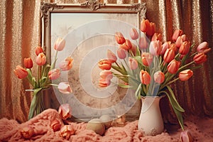 Tulip flowers and picture frames bohemian background. Generative AI